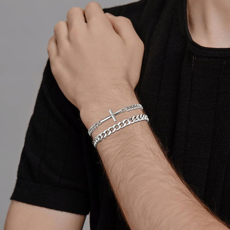 DAYANEY Silver and Gold Bracelet for Men, Cuban Chain Bracelet Set Water Proof Stainless Steel Bracelet for Him, Adjustable Gold Link Men Braclet as Valentines Jewelry Gifts for Boyfriend, Dad and Son - Image 2